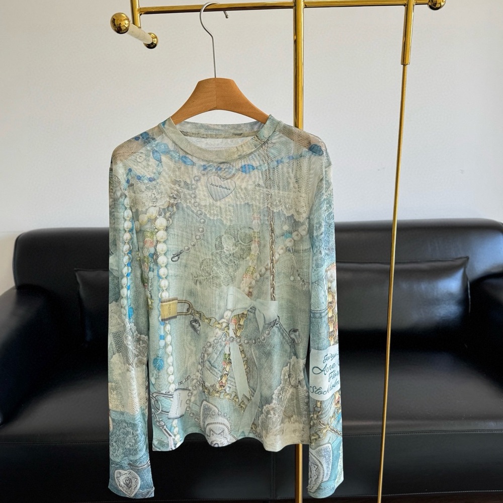 Acne Long Sleeve Top in Light Blue and Beige